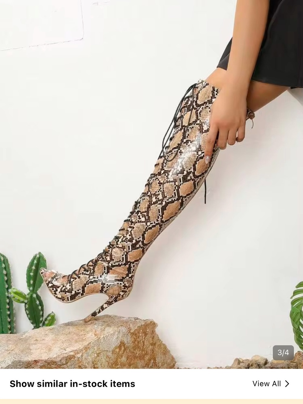 SHEIN Snake-Print Lace-Up Over-the-Knee Stiletto Boots - Brown - Picture 4 of 5